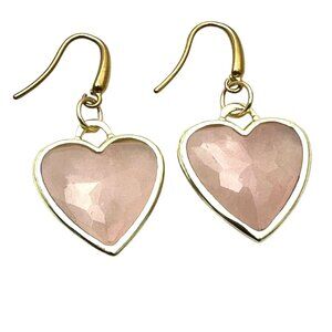Womens Rose Quartz Gemstone Pink Heart Gold Plated Earrings Pierced Chandelier